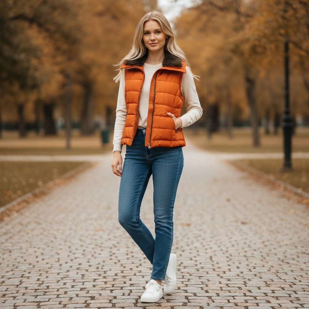 Autum Orange Puffer Vest Full Zip Sleeveless Small Women's Spring & Fall #42C